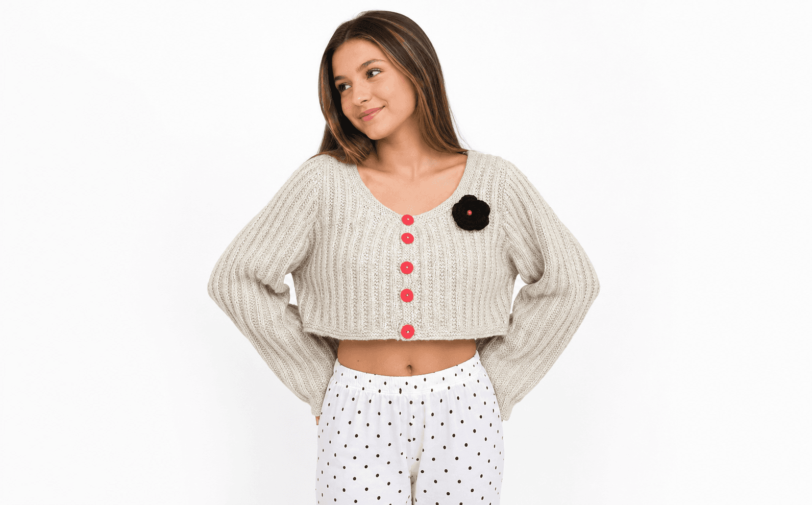 Beige with Red buttons cropped knit jersey