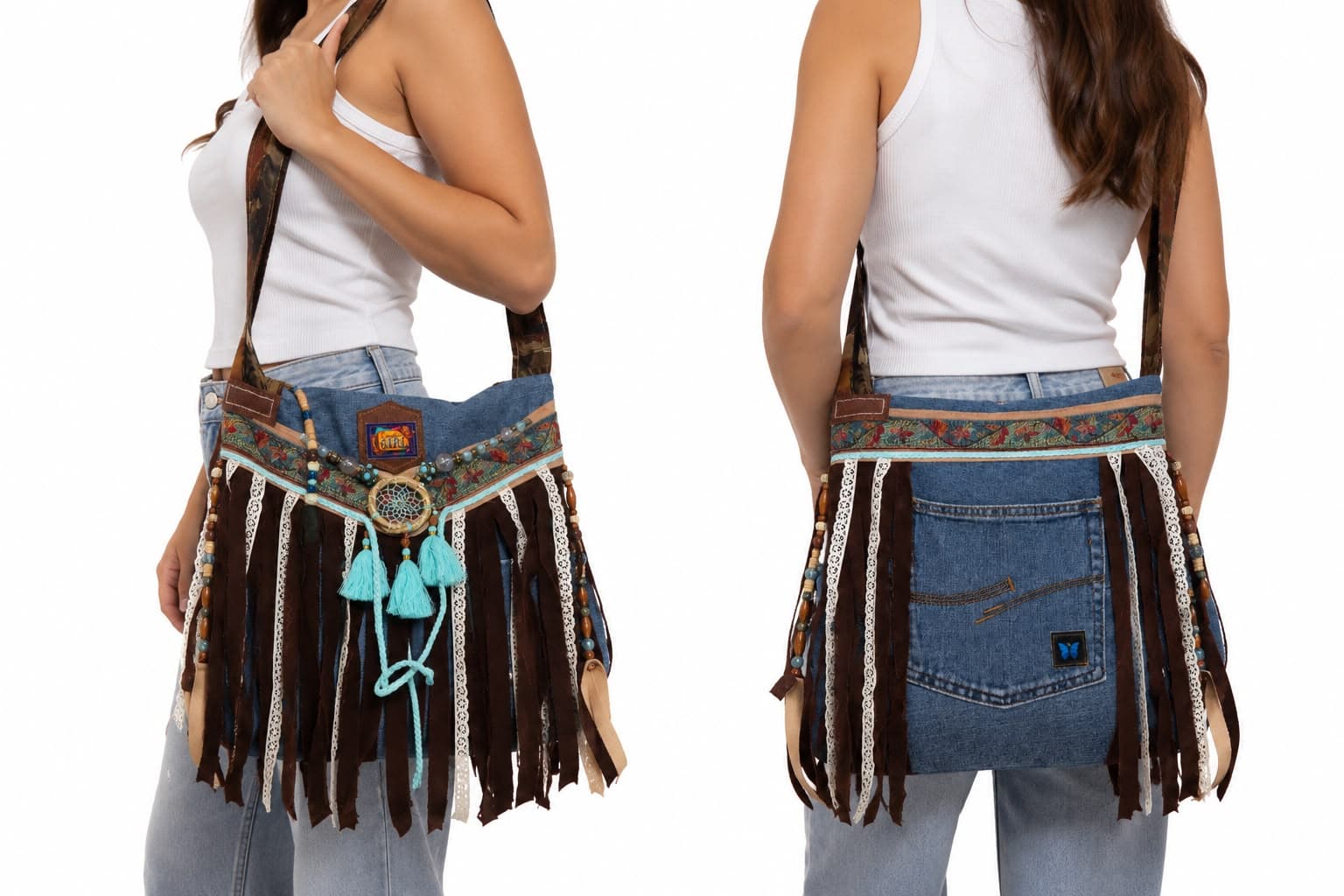 Country Girl Denim Handbag with Leather & Ajustable Strap